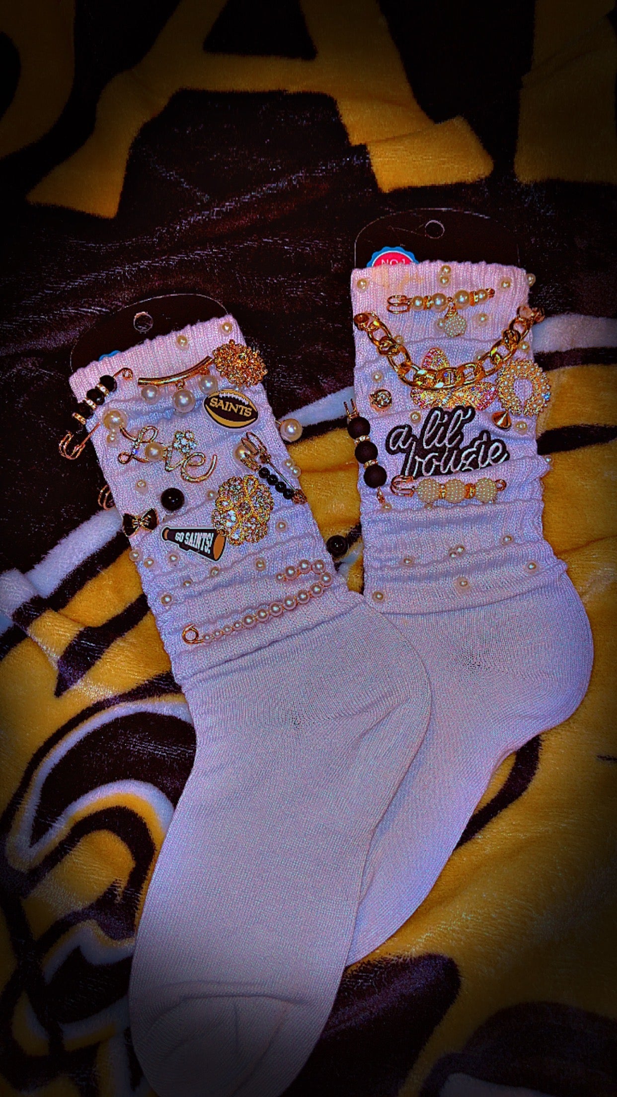 New Orleans Black n Gold Charm Socks with patches