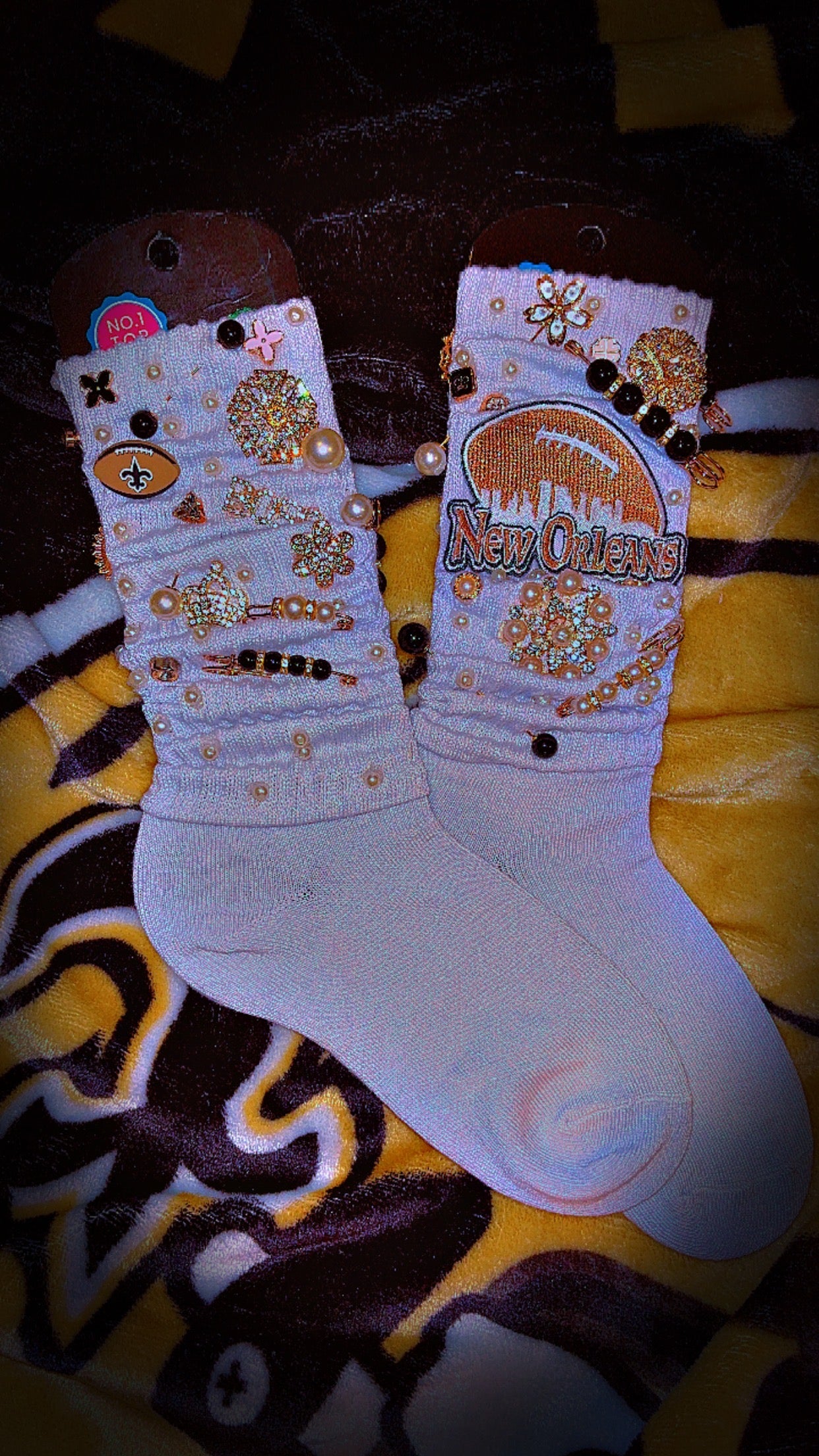 New Orleans Black n Gold Charm Socks with patches