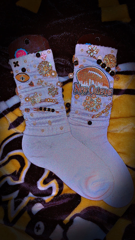 New Orleans Black n Gold Charm Socks with patches